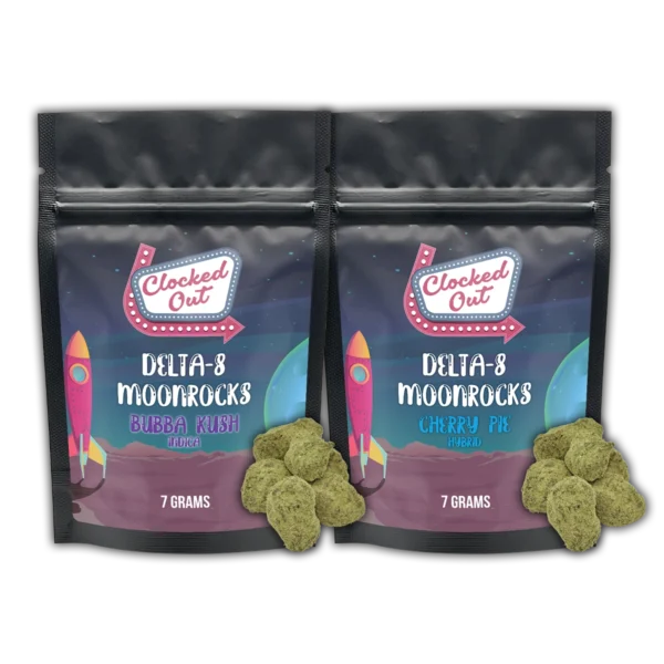 Clocked_Out_Moonrocks_delta8_14g_2_pack-7g-7g-Bubba-Kush-Indica-7g-Cherry-Pie-Hybrid.webp